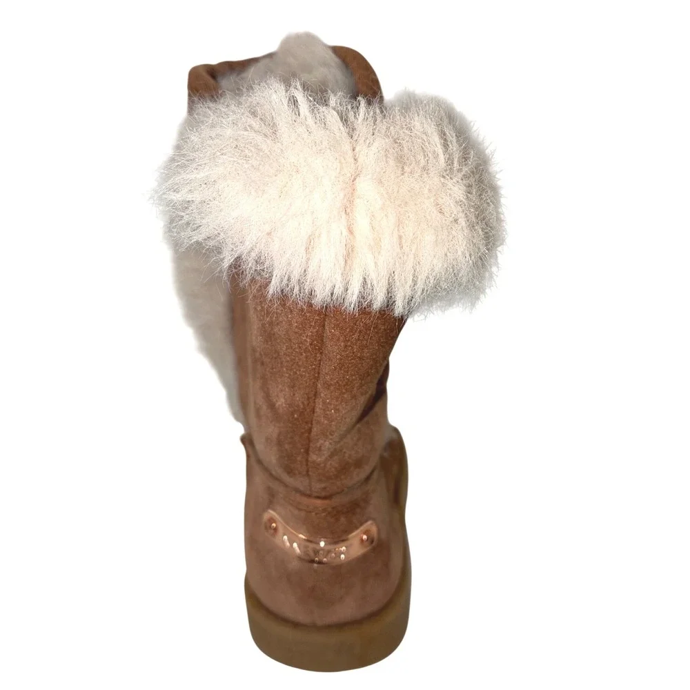 Nine West Girls Brown Glitter Faux Fur Winter Boots Rose Gold Accents Kids